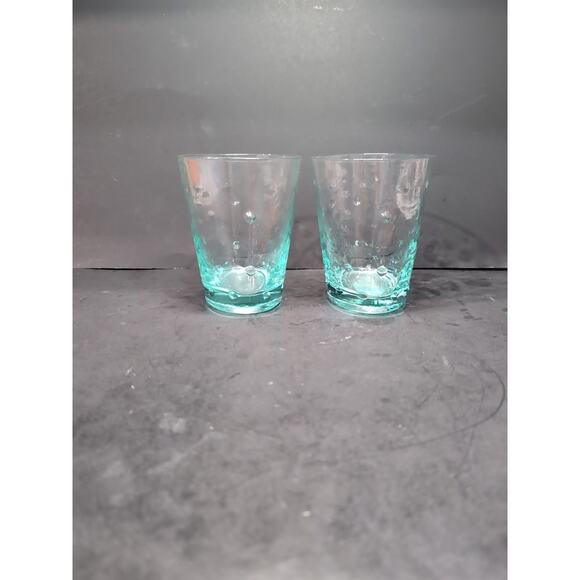 Teal Green Blue Double Old Fashion Thick Etched Glasses, Set of 2,‎ Oval Base - Picture 2 of 9